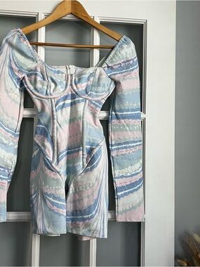 Selkie Pastel Marble Off-Shoulder Romper in Blue, Pink & Cream
